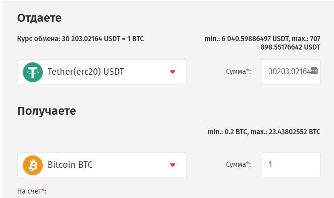 Обмен Bitcoin на USDT, обменник AcryptoExchange