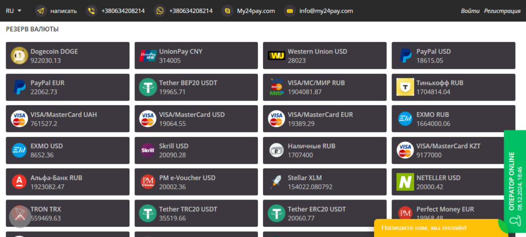 MY24pay — надежный онлайн-сервис обмена валют - Резервы и тарифы